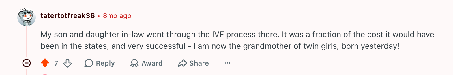 Reddit comment describing a family's IVF experience in China