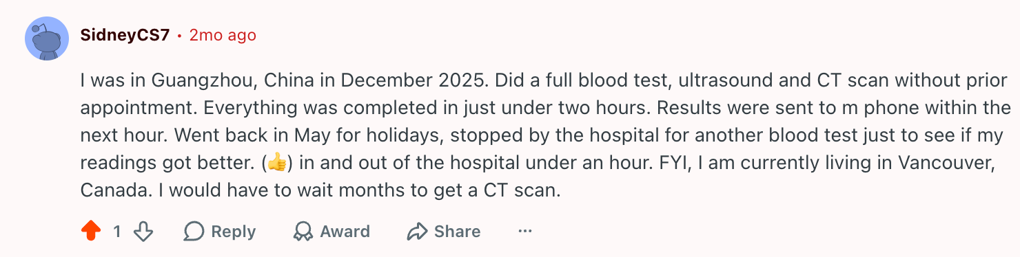 Reddit comment describing a fast blood test, ultrasound, and CT scan experience in Guangzhou